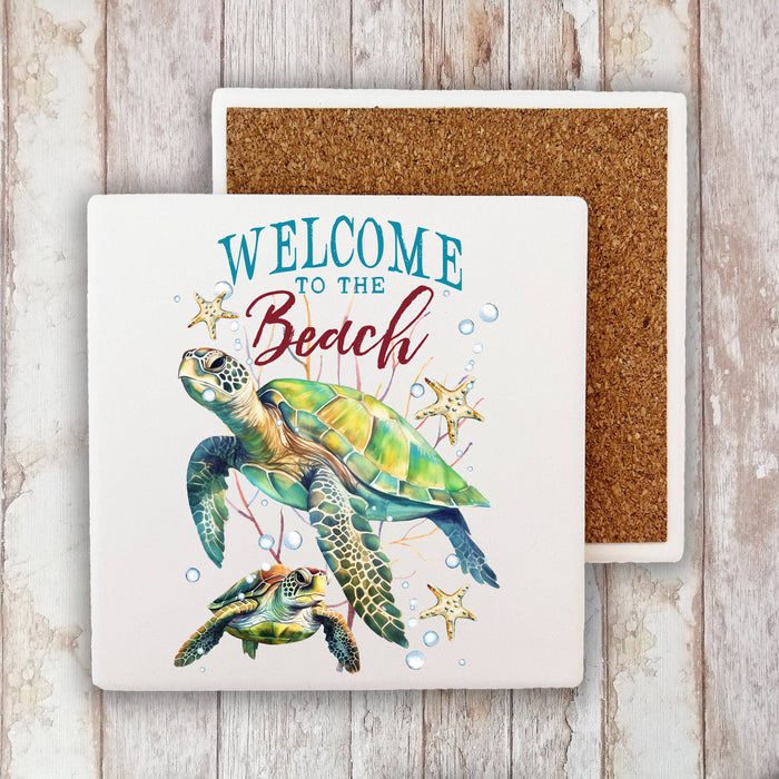 Coastal Sea Turtle Welcome to the Beach Stone Coaster