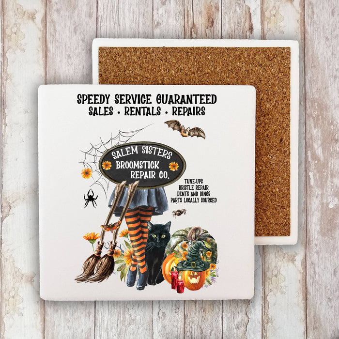 Halloween Salem Sisters Broomsticks Stone Coaster