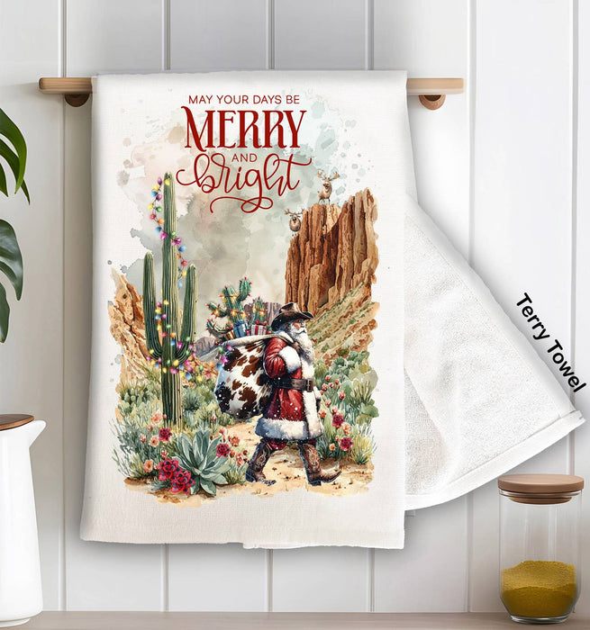 Christmas Cowboy Santa Cactus Desert Kitchen Terry Towel