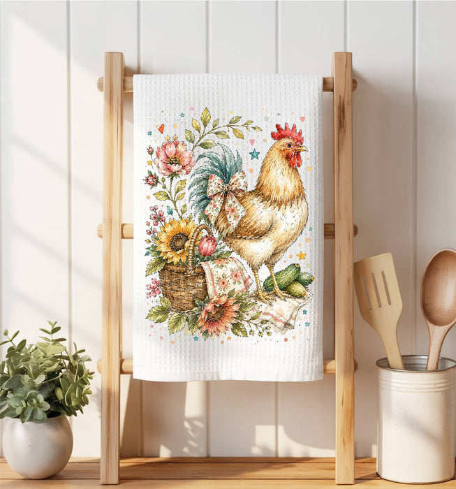 Whimsical Country Hen Flowers Waffle Weave Towel