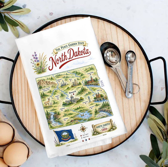 North Dakota State Map Landmark Tea Towel