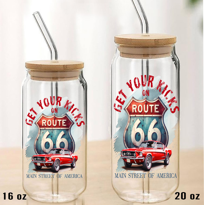 Route 66 Get your Kicks Mustang  Can Glass with Lid Straw