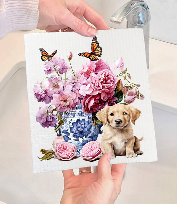 Golden Retreiver Puppy Vase Flowers SWEDISH DISH CLOTH