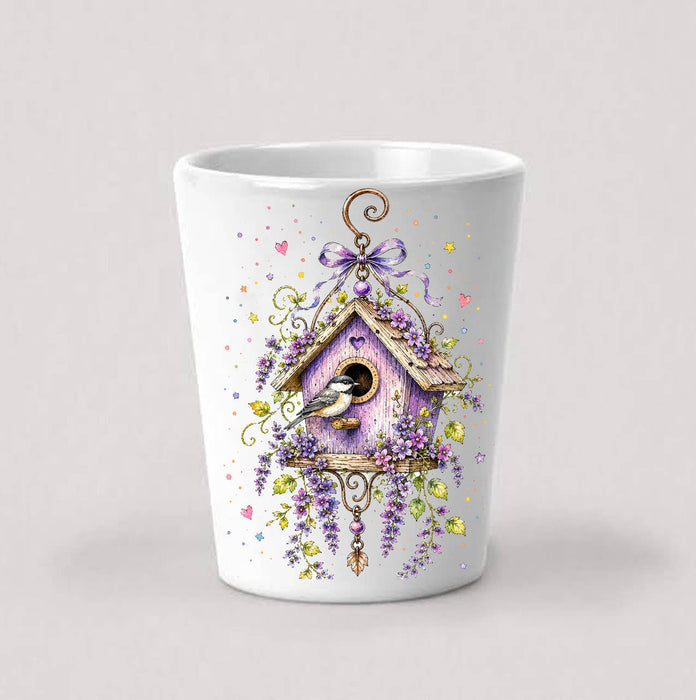Lavender Whimsical Birdhouse Shot Glass