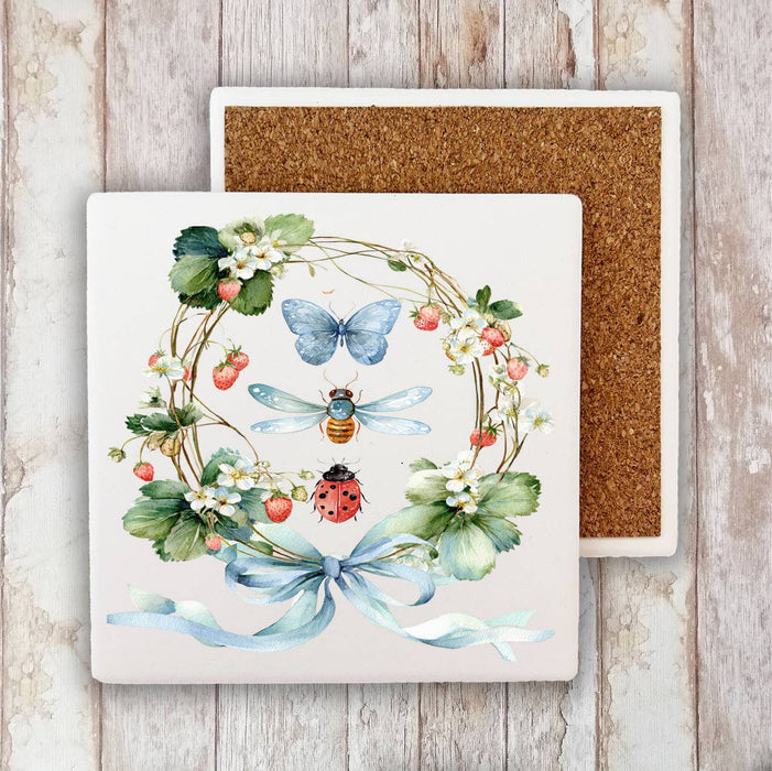 Strawberry Wreath Butterfly Ladybug Stone Coaster