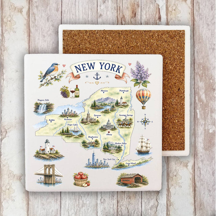 New York State Map Landmark Stone Coaster