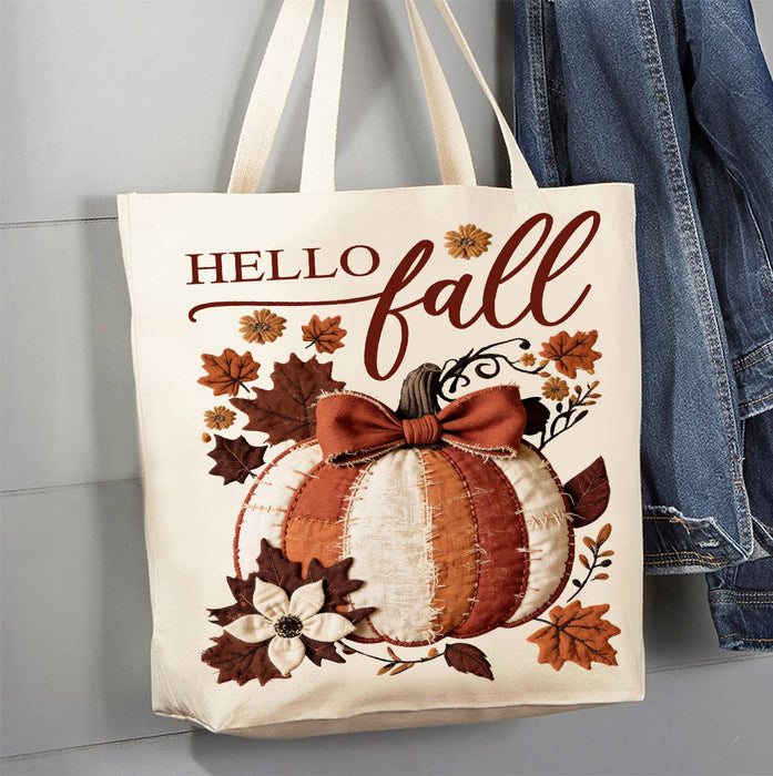 Hello Fall Quilted Pumpkin  Canvas Tote Bag