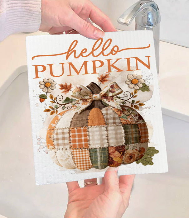 Fall Hello Pumpkin Quilted Patch  Swedish Dishcloth
