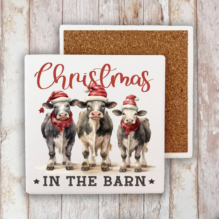 Christmas in the Barn Cows Stone Coaster