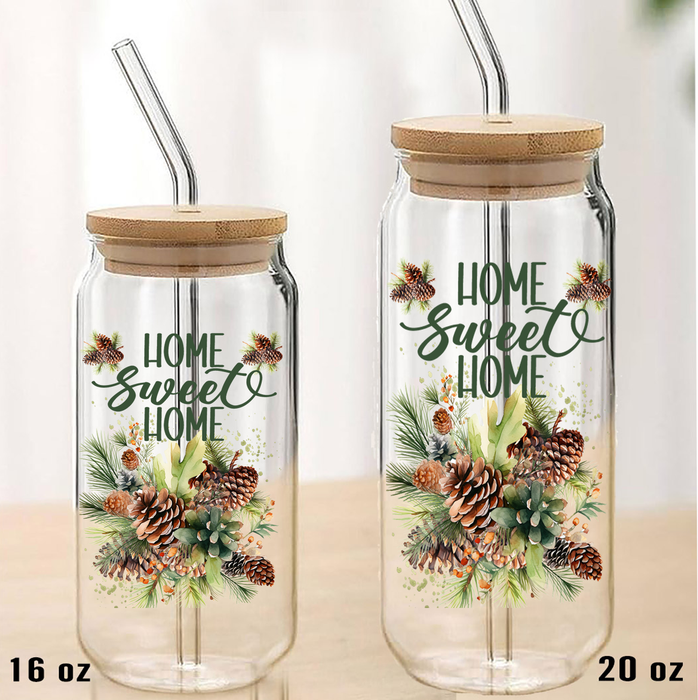 Home Sweet Home Pine Cones Can Glass with Lid Straw