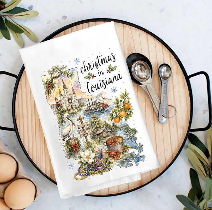 Christmas in Louisiana State Map Tea Towel