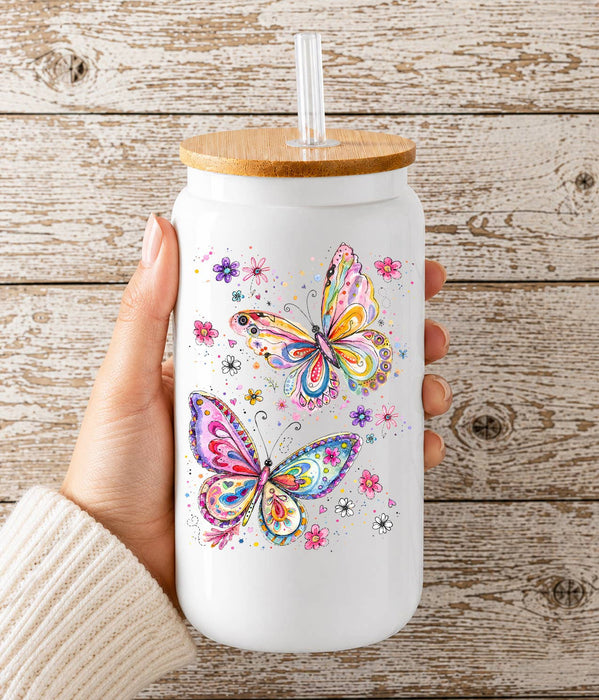 Whimsical Colorful Butterflies Glass Cup