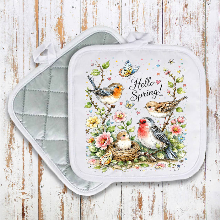 Hello Spring Flowers Birds Pot Holder
