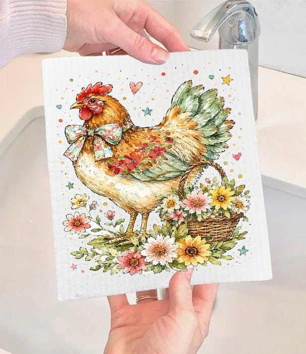 Watercolor Country Hen Flowers Swedish Dishcloth