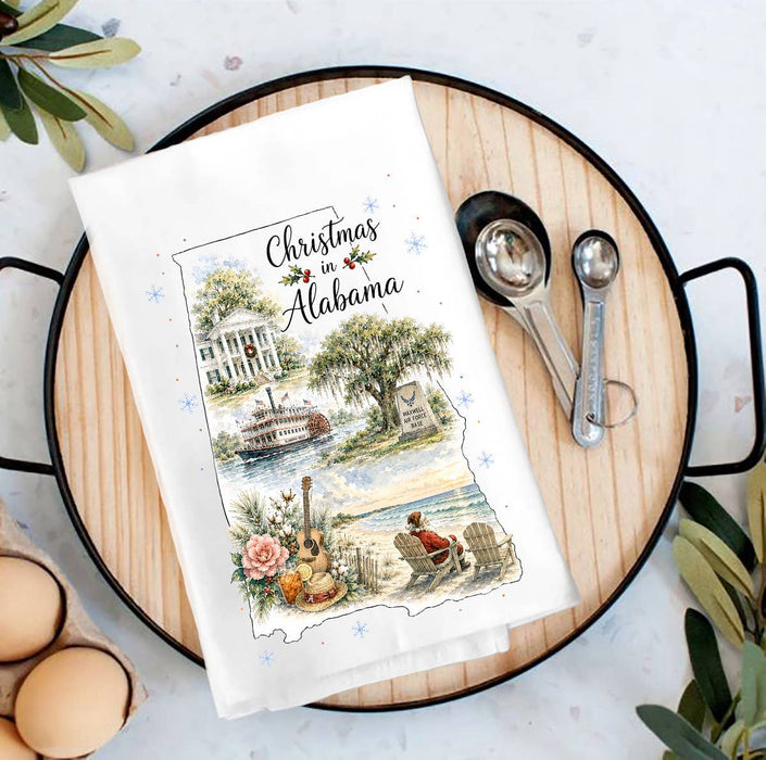 Christmas in Alabama State Map Tea Towel