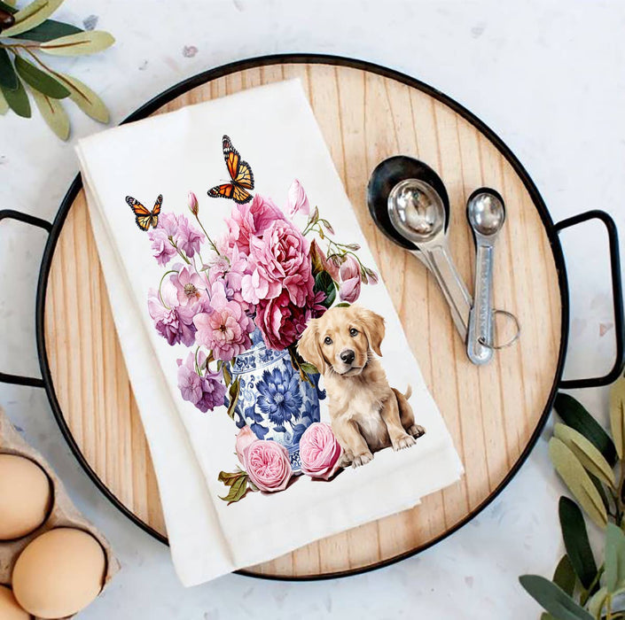 Golden Retreiver Puppy Vase Flowers Flour Sack Tea Towel