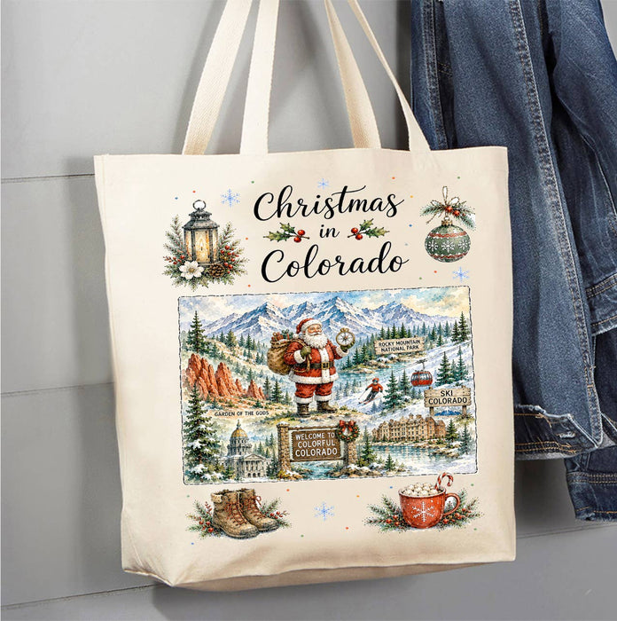 Christmas in Colorado State Map Canvas Tote Bag