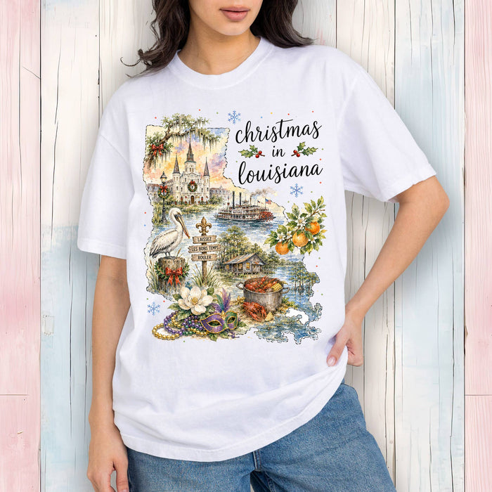 Christmas in Louisiana State Map T-Shirt