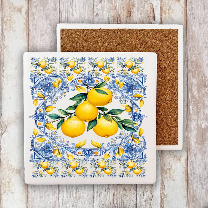 Mediterranean Blue Tiles Lemons Stone Coaster