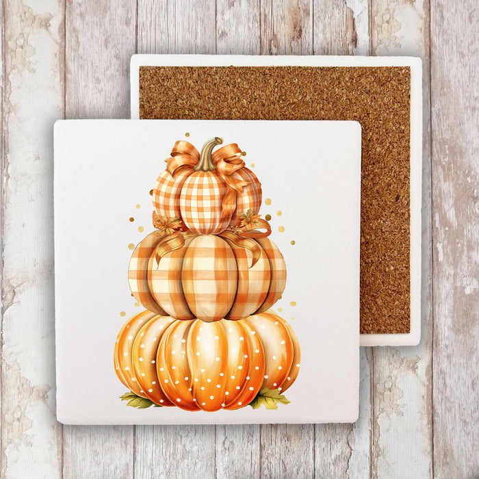 Fall Autumn Orange Checkered Pumpkins Stone Coaster