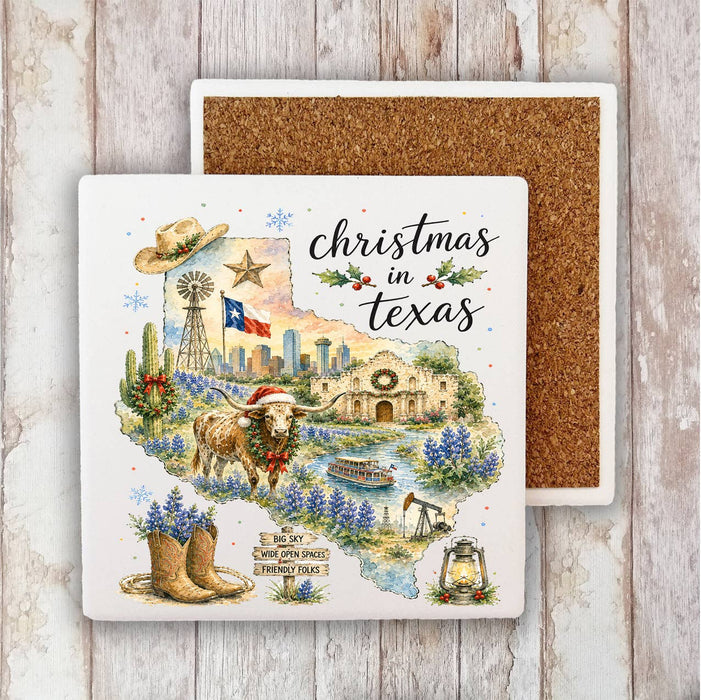 Christmas in Texas State Map Stone Coaster