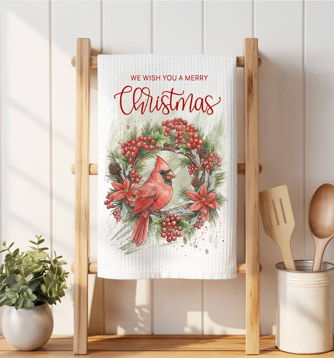 Christmas red Cardinak Wreath Waffle Weave Towel
