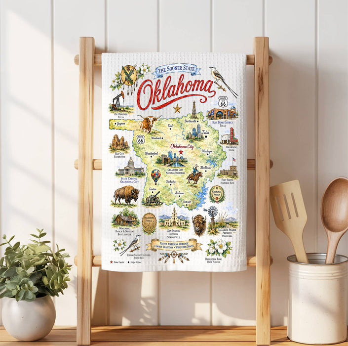 Oklahoma State Map Landmark Waffle Weave Towel