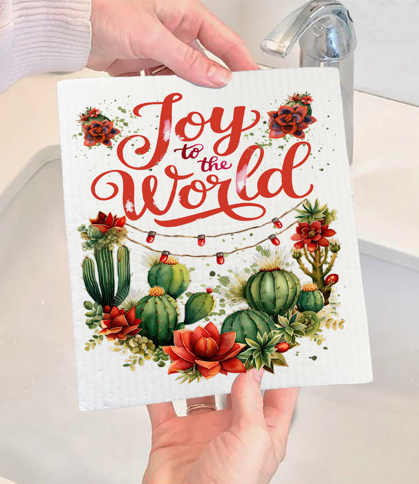Christmas Joy to the World Cactus Swedish Dishcloth