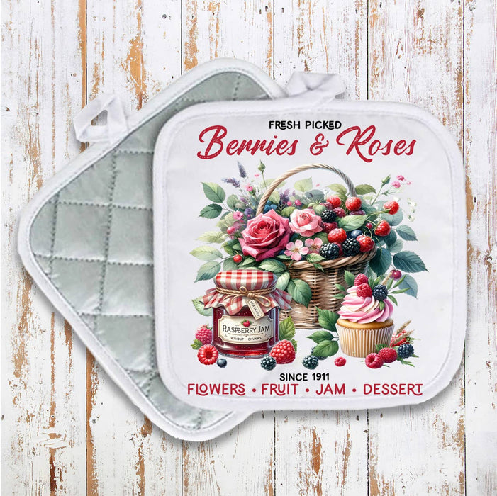 Berries and Roses Farmhouse Pot Holder Oven Mitt