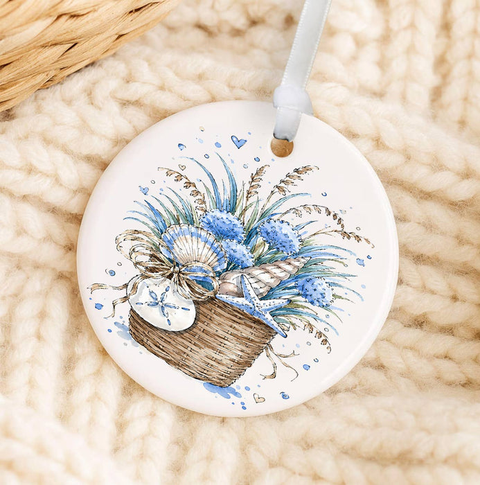 Coastal Blue Baskets of Shells Bouquet Ornament