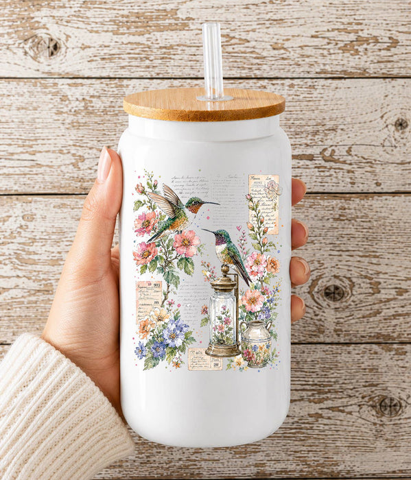 Vintage Flowers Hummingbirds Glass Cup