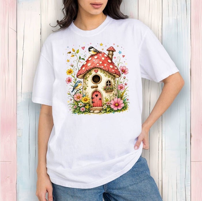 Mushroom Birdhouse Flowers T-Shirt