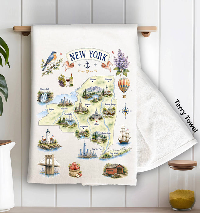 New York State Map Landmark Kitchen Terry Towel