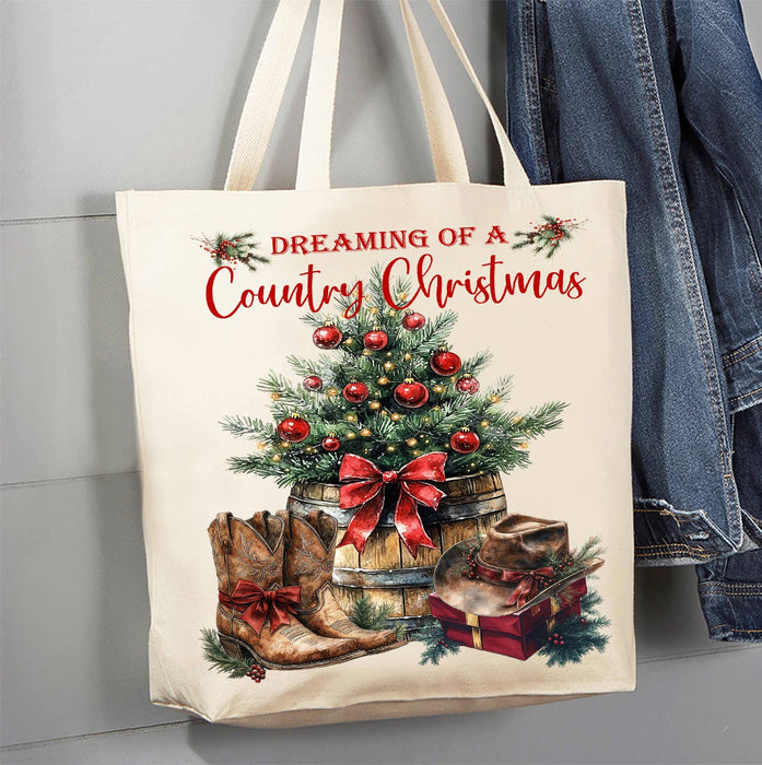 Country Christmas Western Cowboy Boots Canvas Tote Bag