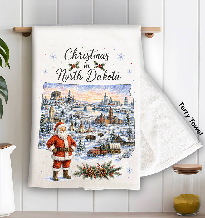 Christmas in North Dakota State Map Kitchen Terry Towel