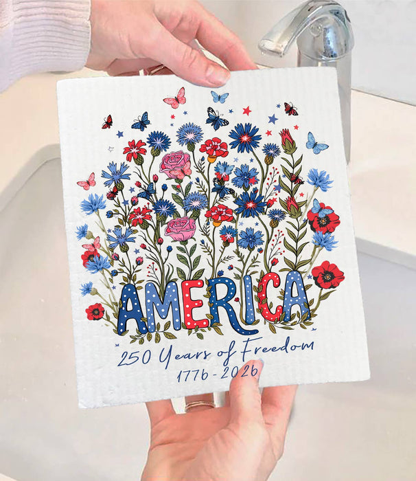 Patriotic Flowers 250 Anniversary America Swedish Dishcloth