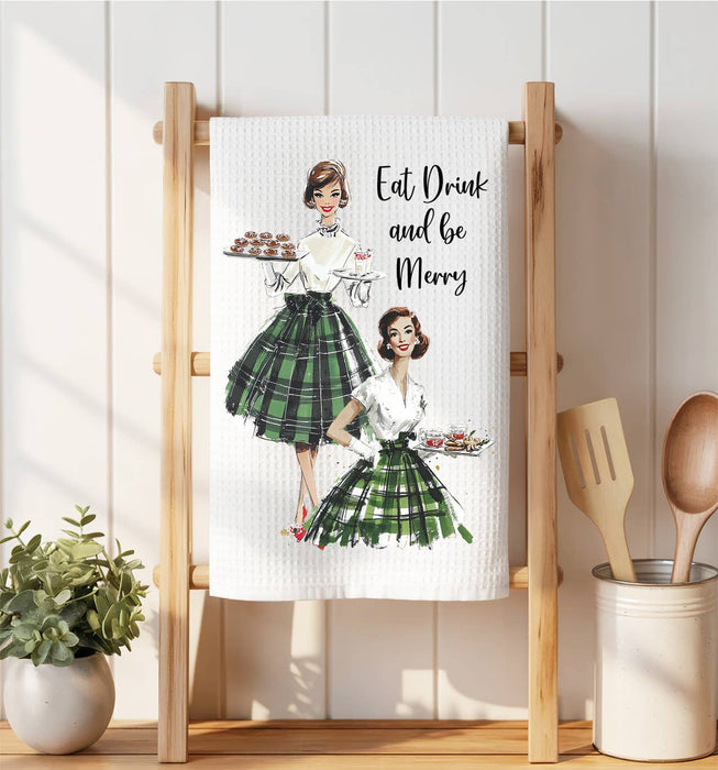 Retro Christmas Ladies Eat and be Merry Waffle Weave Towel