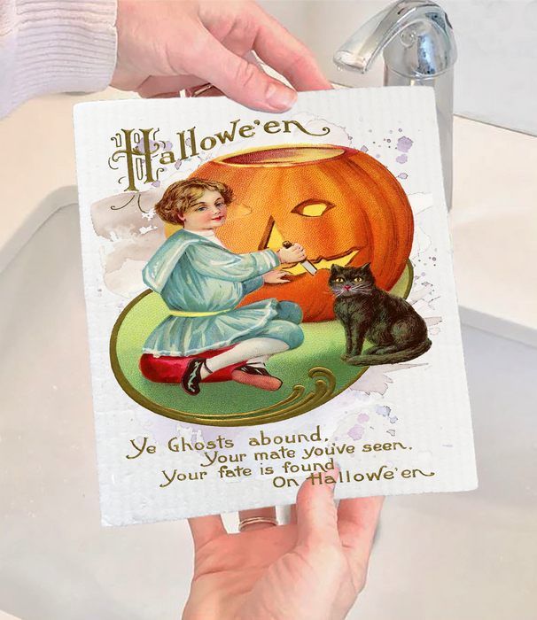 Halloween Vintage Pumpkin Black Cat Swedish Dishcloth