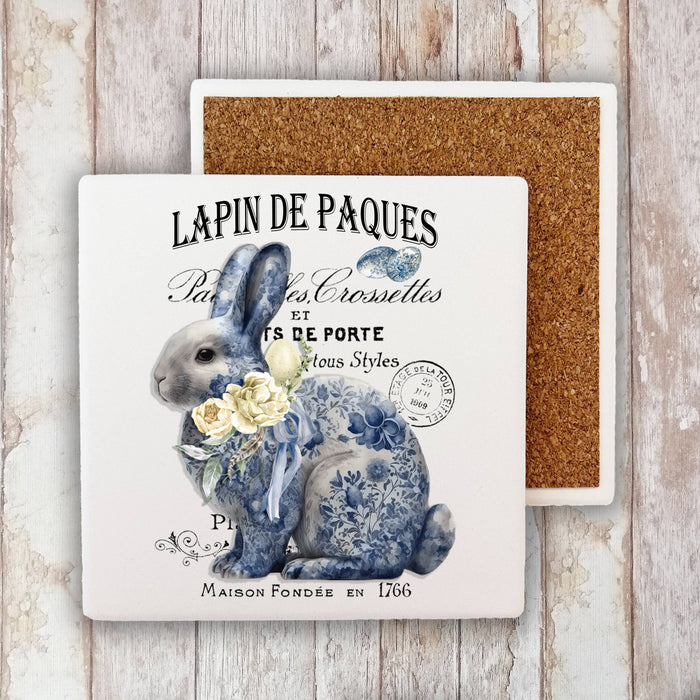 Easter Bunny Blue & White Chinoiserie Stone Coaster