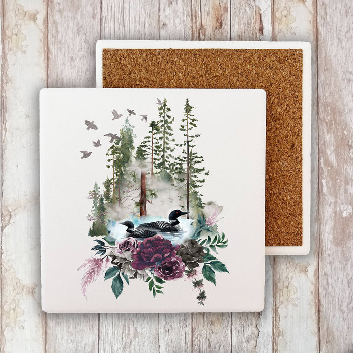 Loons Lake Mountains Wildlife  Stone Coaster