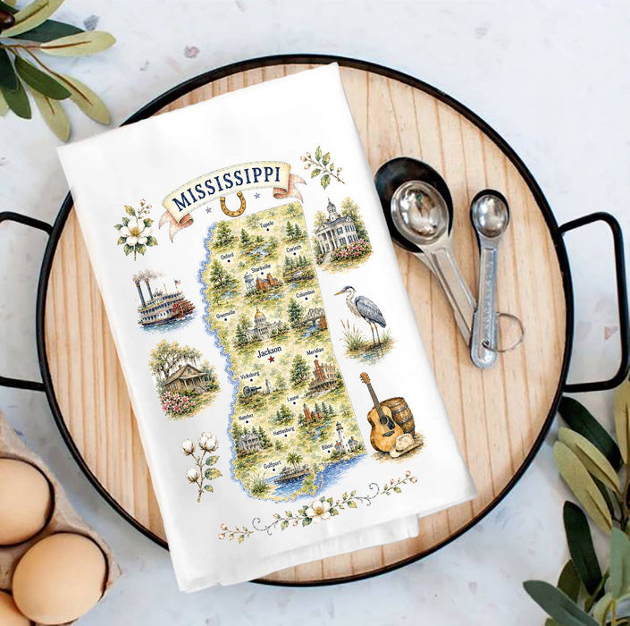 Mississippi State Map Landmark Tea Towel