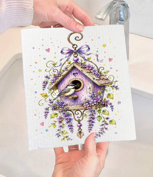 Lavender Whimsical Birdhouse Swedish Dishcloth