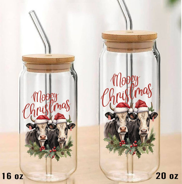 Mooey Christmas Country Cows Can Glass with Lid Straw