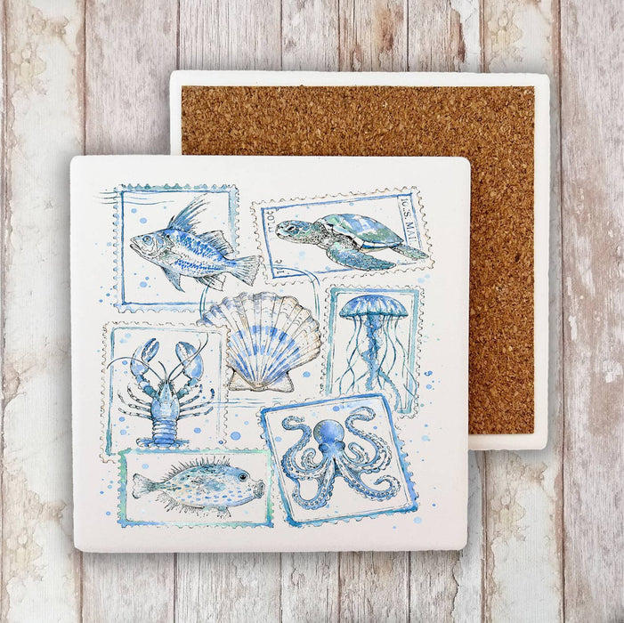 Coastal Blue Ocean Vintage Stamps Stone Coaster