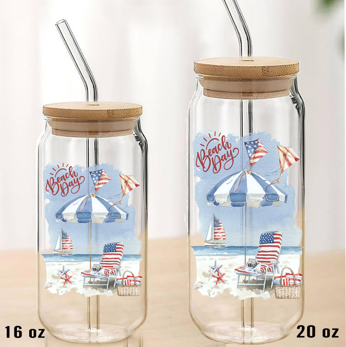 Beach Day Coastal Ocean  Can Glass with Lid Straw