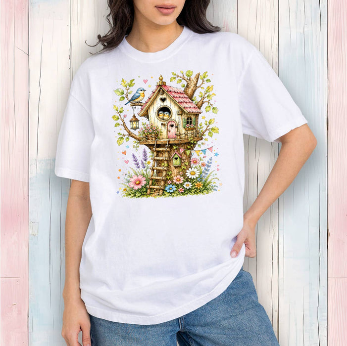 Spring Birds in Birdhouse Flowers T-Shirt
