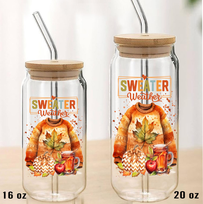 Fall Sweater Weather Can Glass with Lid Straw