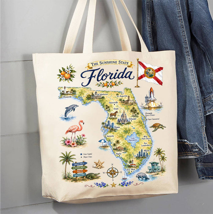 Florida State Map Landmark Canvas Tote Bag
