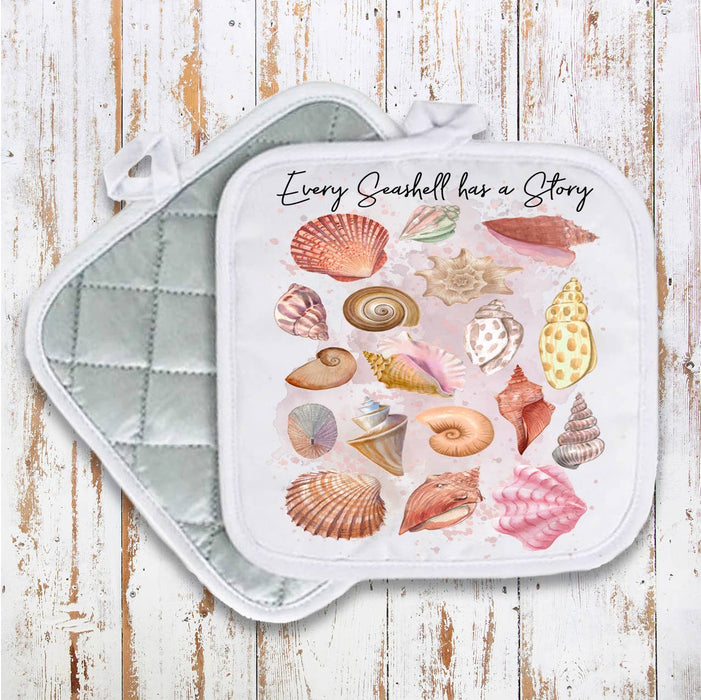 Seashells Has a Story Coastal Beach Pot Holder Oven Mitt