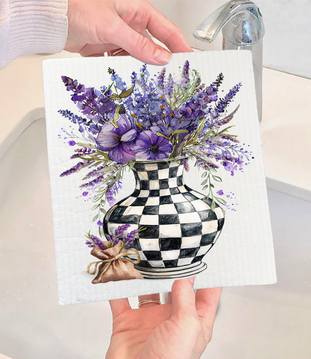 Checkered Vase with Lavender Swedish Dishcloth